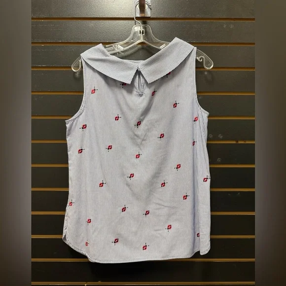Talbots Ladybug Embroidered Striped Sleeveless Blouse Peter Pan Collar Medium - Picture 2 of 4